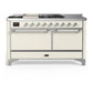 Ilve UM60FSQNR3AWCLP Ilve Um60Fsqnr3Awclp Majestic Iii 60 Inch Dual Fuel Range With 7 Burners, Griddle And French Top, Dual Function Burner With Up To 25,000 Btu (Liquid Propane, Solid Door, Antique White, Chrome)
