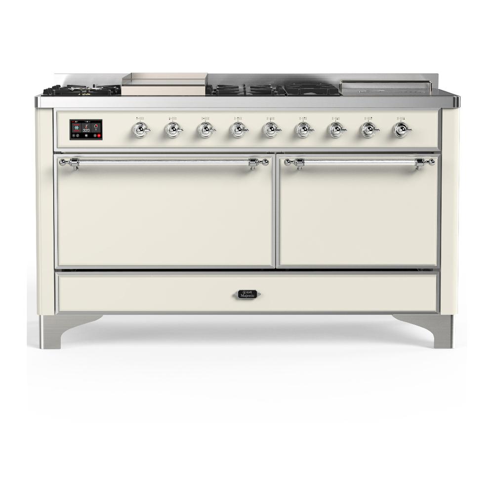 Ilve UM60FSQNR3AWCLP Ilve Um60Fsqnr3Awclp Majestic Iii 60 Inch Dual Fuel Range With 7 Burners, Griddle And French Top, Dual Function Burner With Up To 25,000 Btu (Liquid Propane, Solid Door, Antique White, Chrome)