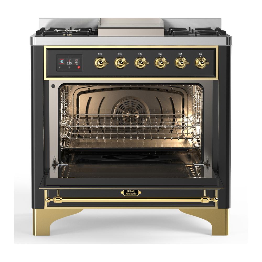 Ilve UM36FNR3MGG Ilve Um36Fnr3Mgg Majestic Iii 36 Inch Dual Fuel Range With 6 Black Brass Burners And Griddle, Dual Function Burner Up To 25,000 Btu (Triple Glass Door, Graphite Matte, Brass, Natural Gas)