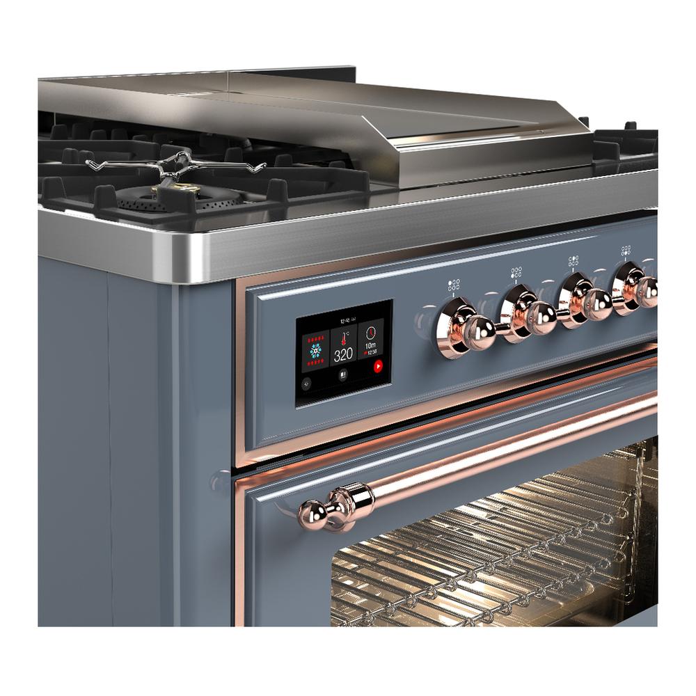 Ilve UM36FNR3BGP Ilve Um36Fnr3Bgp Majestic Iii 36 Inch Dual Fuel Range With 6 Black Brass Burners And Griddle, Dual Function Burner Up To 25,000 Btu (Triple Glass Door, Blue Grey, Copper, Natural Gas)