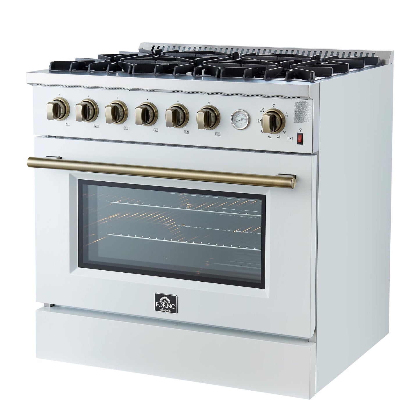 Forno FFSGS627736WHT Marco 36-Inch Gas Range White & Antique Brass Design, 6 Burners 67,000 Btu, 5.36 Cu.Ft. Convection Oven