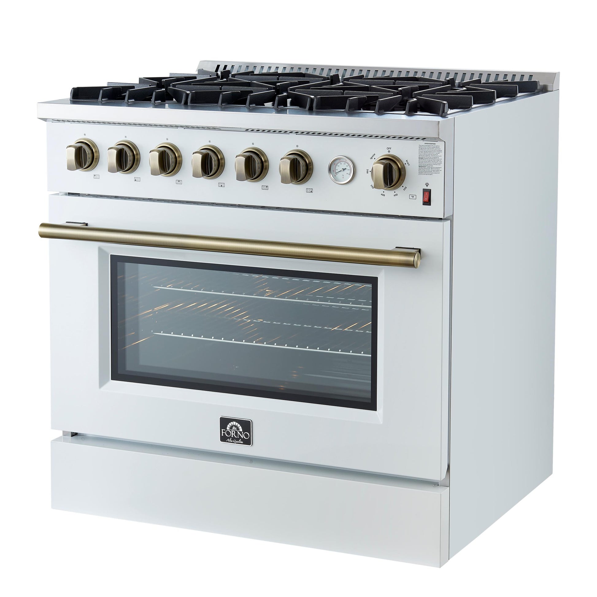 Forno FFSGS627736WHT Marco 36-Inch Gas Range White & Antique Brass Design, 6 Burners 67,000 Btu, 5.36 Cu.Ft. Convection Oven