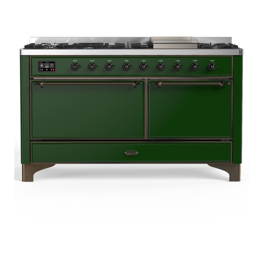 Ilve UM60FQNR3EGBLP Ilve Um60Fqnr3Egblp Majestic Iii 60 Inch Dual Fuel Range With 9 Burners And Griddle, Dual Function Burner Up To 25,000 Btu (Liquid Propane, Solid Door, Emerald Green, Burnished)