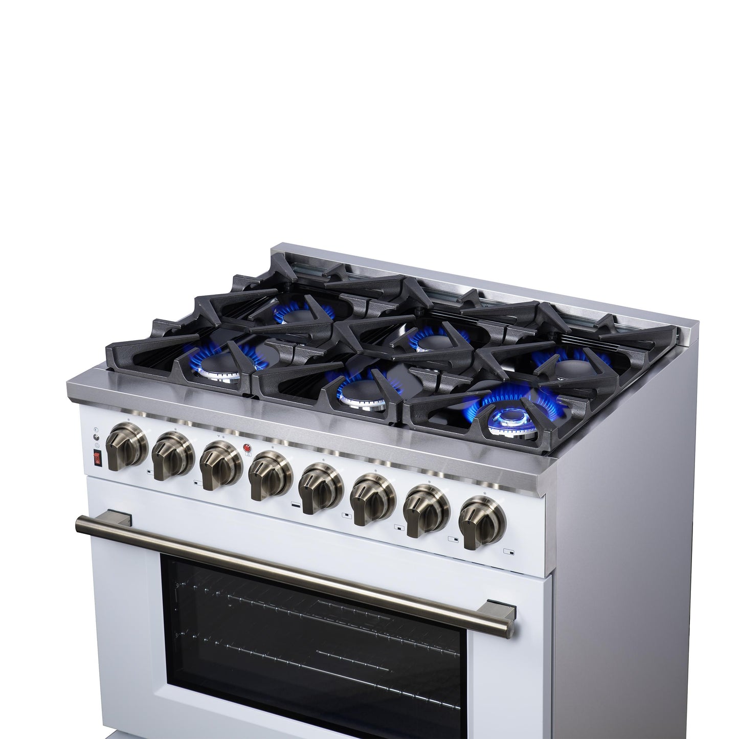 Forno FFSGS612536WHT Forno Massimo 36 Inch Freestanding Dual Fuel Range In White With Antique Brass Accessories, 6 Burners, 5.36 Cu. Ft. Convection Oven