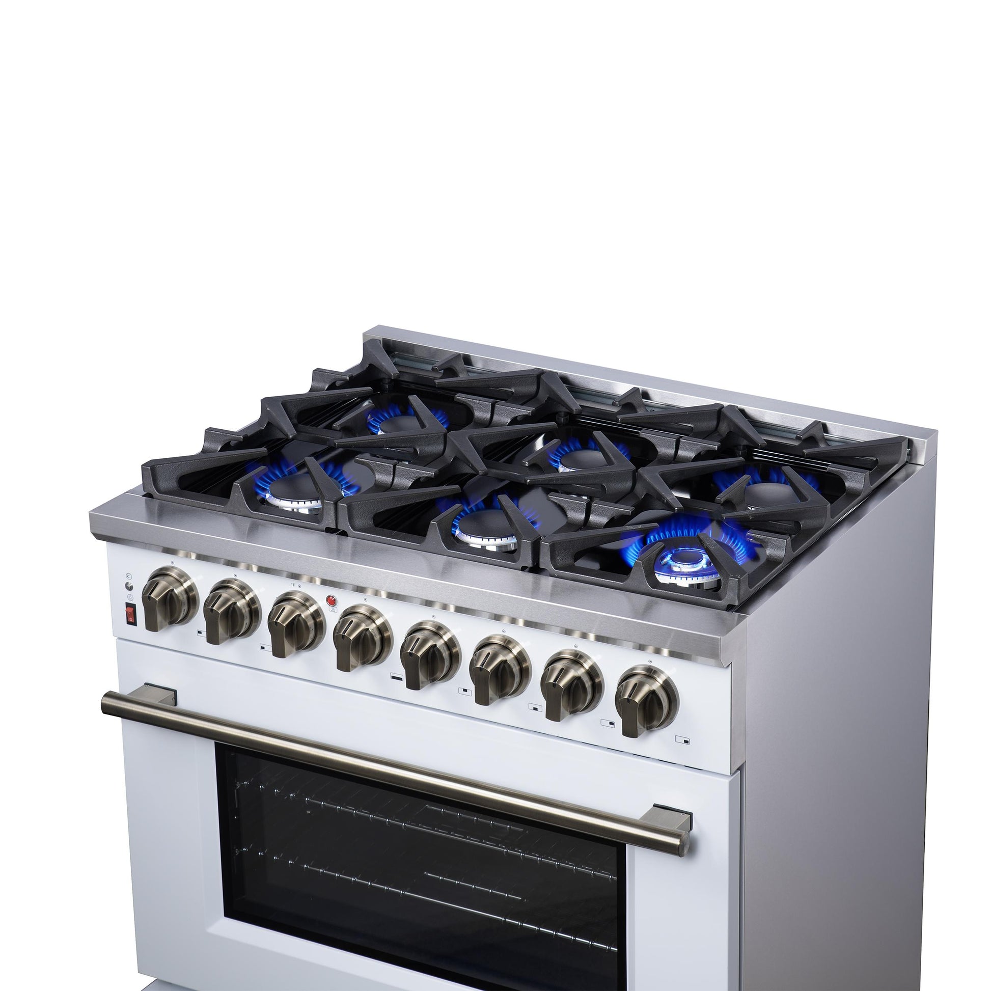 Forno FFSGS612536WHT Forno Massimo 36 Inch Freestanding Dual Fuel Range In White With Antique Brass Accessories, 6 Burners, 5.36 Cu. Ft. Convection Oven