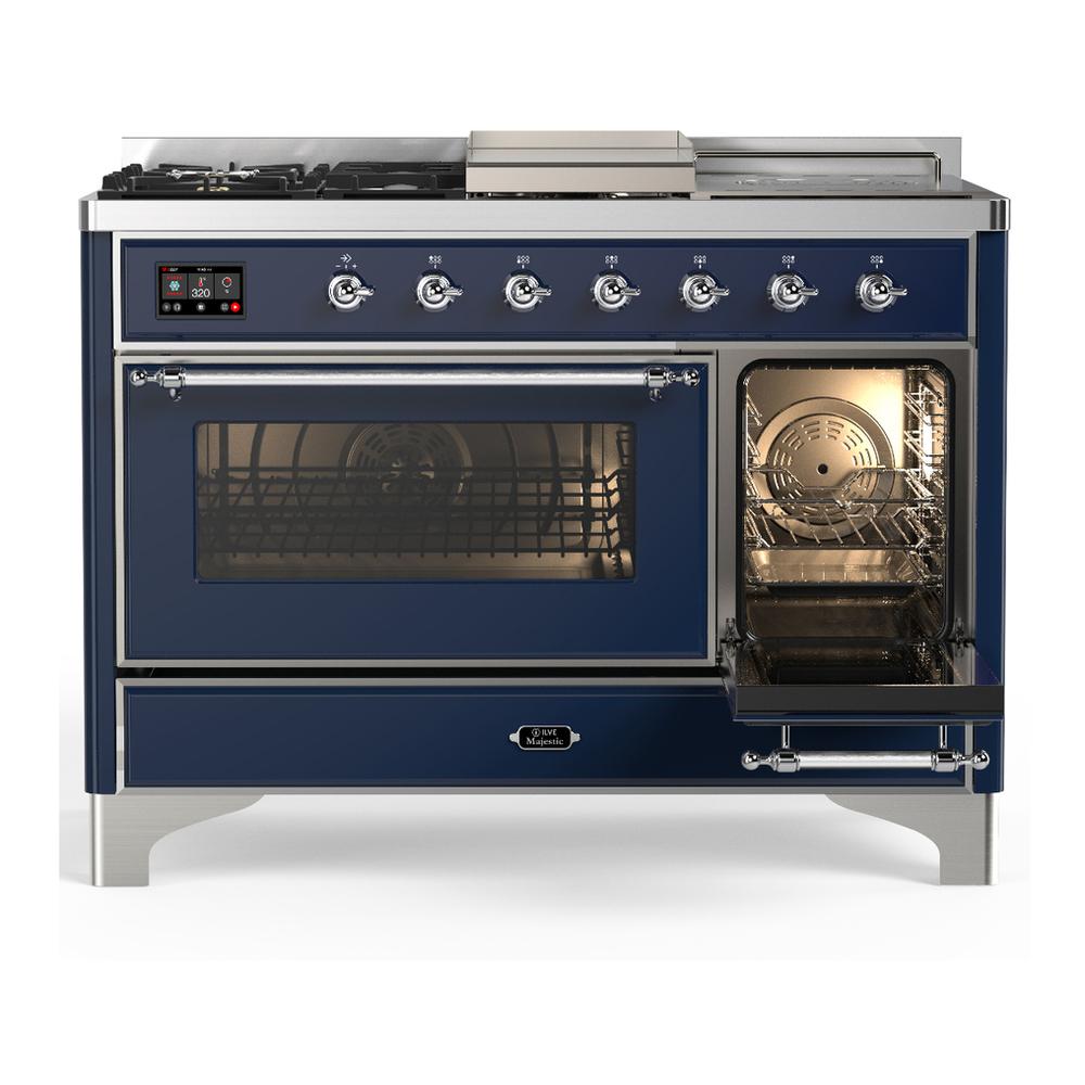 Ilve UM48FSNR3MBCLP Ilve Um48Fsnr3Mbclp Majestic Iii 48 Inch Dual Fuel Range With 5 Black Brass Burners, Griddle And French Top, Dual Function Burner Up To 25,000 Btu (Liquid Propane, Triple Glass Door, Midnight Blue, Chrome)