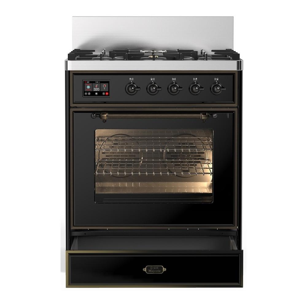 Ilve UM30NR3BKBLP Ilve Um30Nr3Bkblp Majestic Iii 30 Inch Dual Fuel Range With 5 Black Brass Burners, Dual Function Burner Up To 25,000 Btu (Liquid Propane, Triple Glass Door, Glossy Black, Burnished)