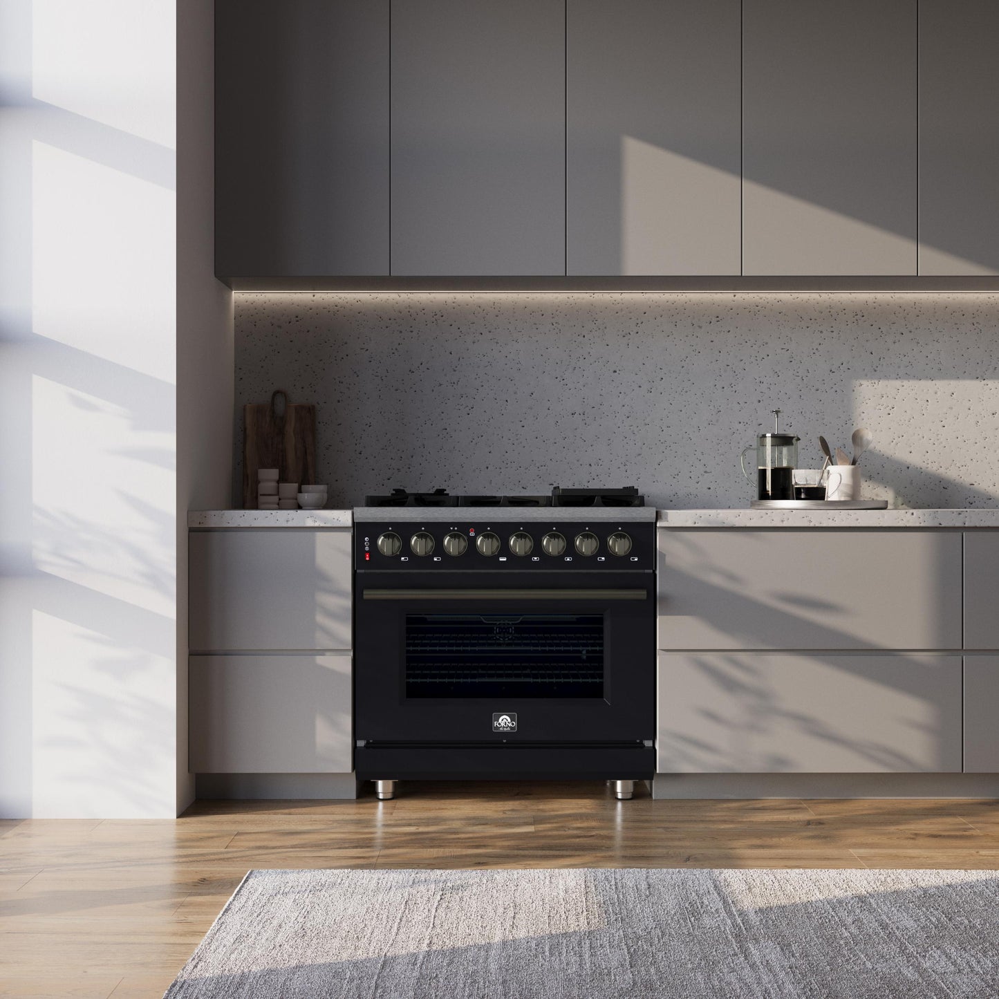 Forno FFSGS612536BLK Forno Massimo 36 Inch Freestanding Dual Fuel Range In Black With Antique Brass Accessories, 6 Burners, 5.36 Cu. Ft. Convection Oven