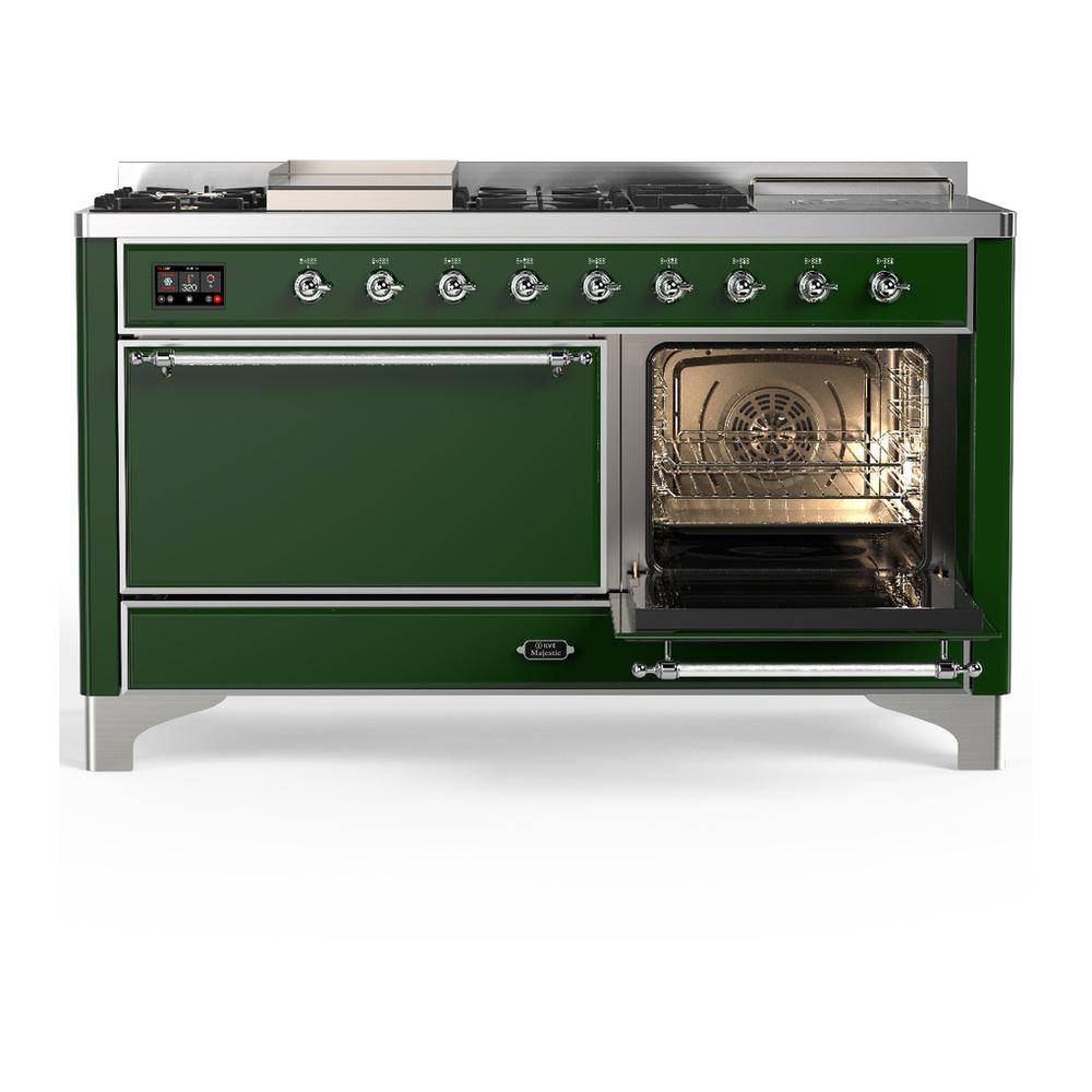 Ilve UM60FSQNR3EGC Ilve Um60Fsqnr3Egc Majestic Iii 60 Inch Dual Fuel Range With 7 Burners, Griddle And French Top, Dual Function Burner With Up To 25,000 Btu (Natural Gas, Solid Door, Emerald Green, Chrome)