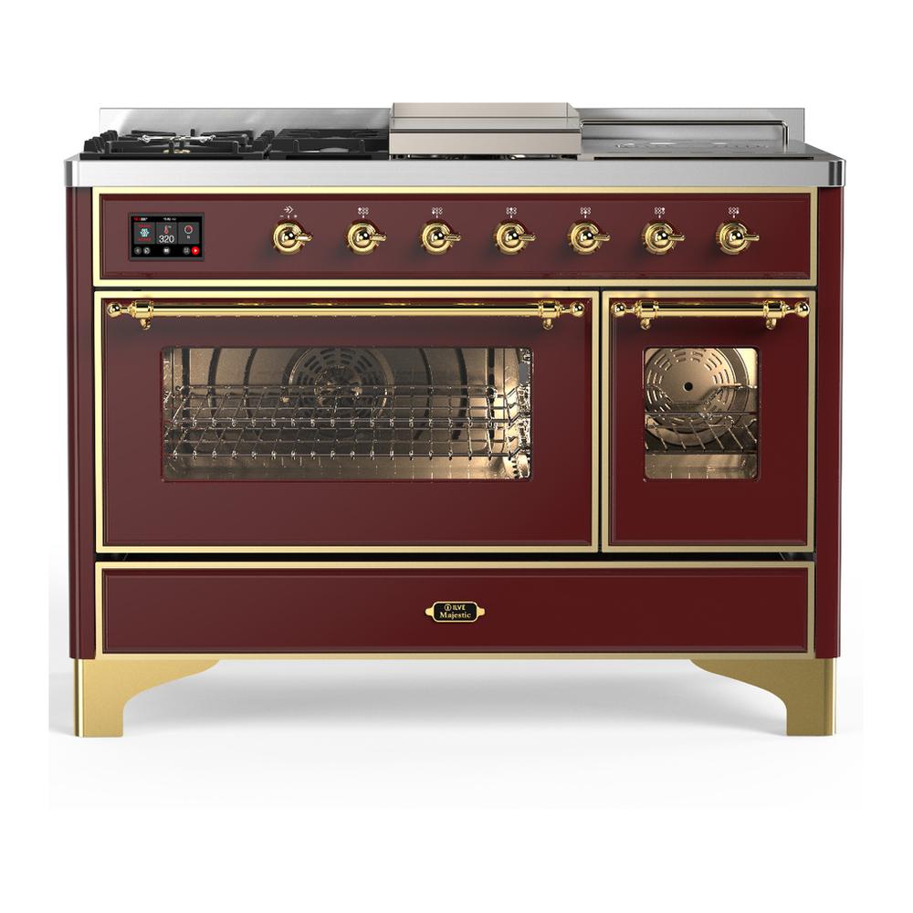 Ilve UM48FSNR3BUGLP Ilve Um48Fsnr3Buglp Majestic Iii 48 Inch Dual Fuel Range With 5 Black Brass Burners, Griddle And French Top, Dual Function Burner Up To 25,000 Btu (Liquid Propane, Triple Glass Door, Burgundy, Brass)
