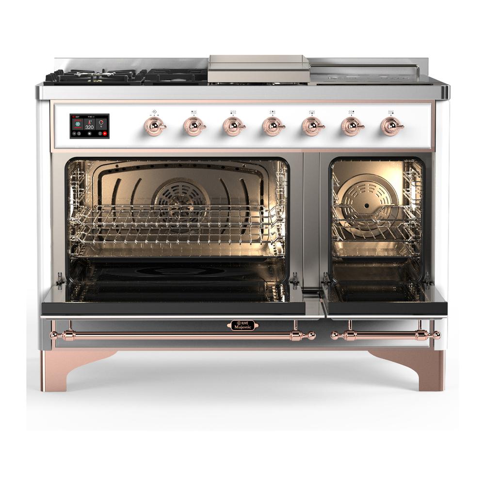 Ilve UM48FSNR3WHPLP Ilve Um48Fsnr3Whplp Majestic Iii 48 Inch Dual Fuel Range With 5 Black Brass Burners, Griddle And French Top, Dual Function Burner Up To 25,000 Btu (Liquid Propane, Triple Glass Door, White, Copper)