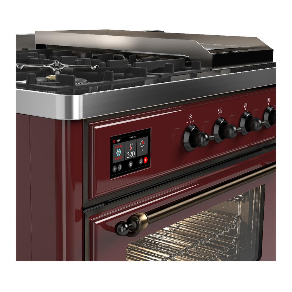 Ilve UM48FSNR3BUBLP Ilve Um48Fsnr3Bublp Majestic Iii 48 Inch Dual Fuel Range With 5 Black Brass Burners, Griddle And French Top, Dual Function Burner Up To 25,000 Btu (Liquid Propane, Triple Glass Door, Burgundy, Burnished)