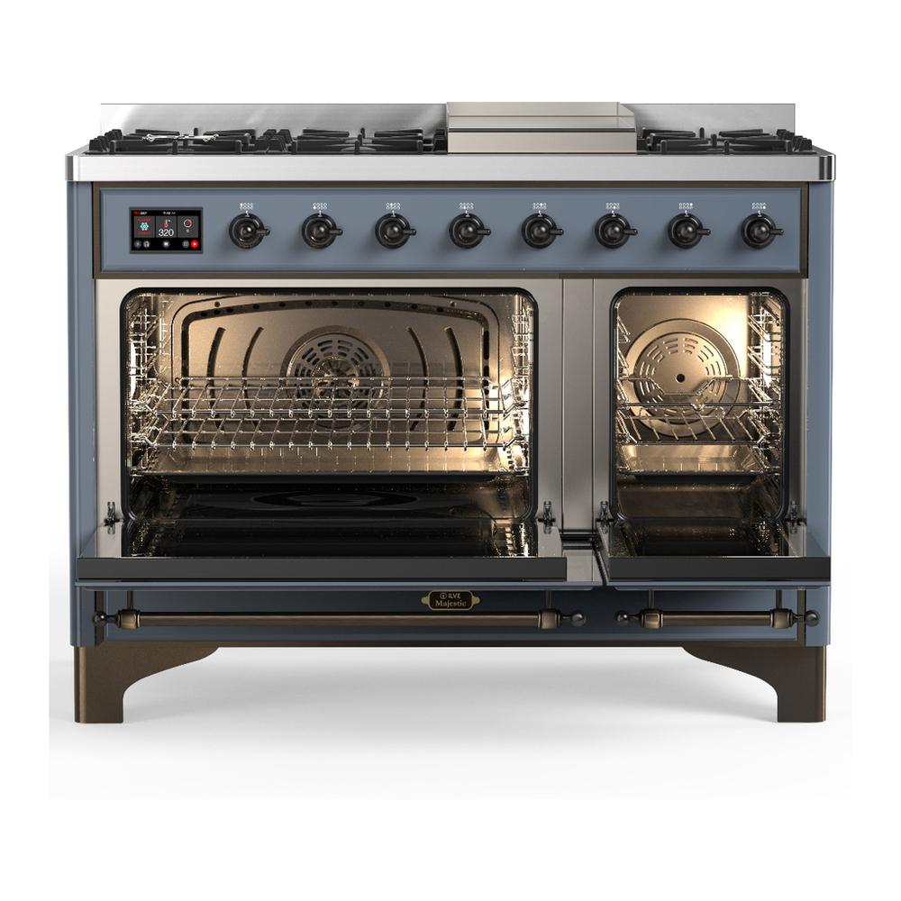 Ilve UM48FNR3BGB Ilve Um48Fnr3Bgb Majestic Iii 48 Inch Dual Fuel Range With 8 Burners And Griddle, Dual Function Burner Up To 25,000 Btu (Natural Gas, Triple Glass Door, Blue Grey, Burnished)