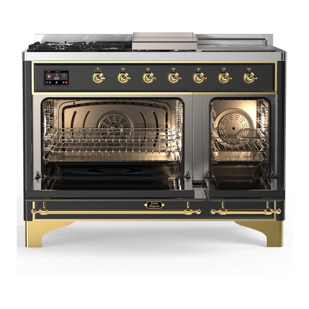 Ilve UM48FSQNR3MGGLP Ilve Um48Fsqnr3Mgglp Majestic Iii 48 Inch Dual Fuel Range With 5 Black Brass Burners, Griddle And French Top, Dual Function Burner Up To 25,000 Btu (Liquid Propane, Solid Door, Graphite Matte, Brass)