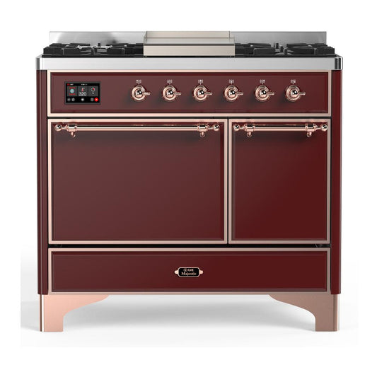 Ilve UMD40FQNR3BUPLP Ilve Umd40Fqnr3Buplp Majestic Iii 40 Inch Dual Fuel Range With 6 Burners And Griddle, Dual Function Burner Up To 25,000 Btu (Liquid Propane, Solid Door, Burgundy, Copper)