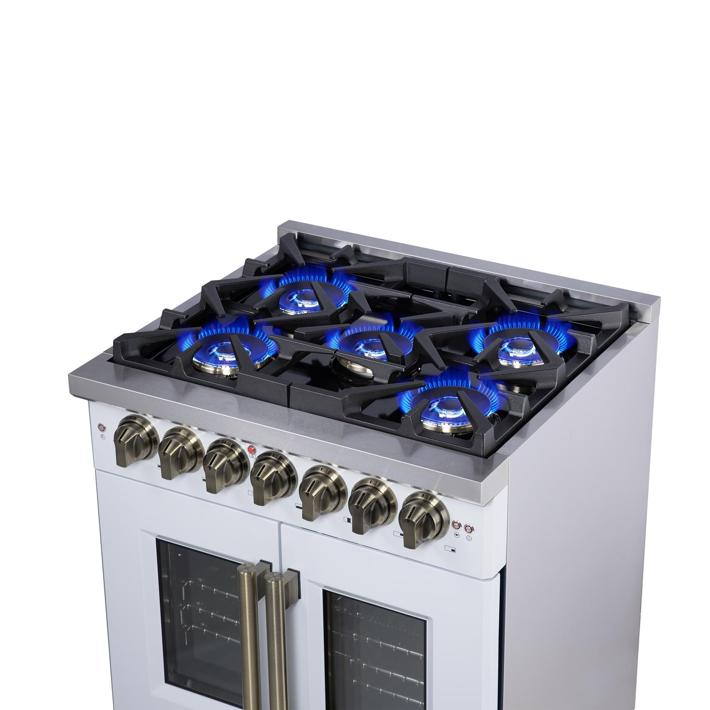 Forno FFSGS638730WHT Forno Capriasca 30-Inch Freestanding French Door Dual Fuel Range In White With Antique Brass Accessories, 5 Burners, True Convection Oven