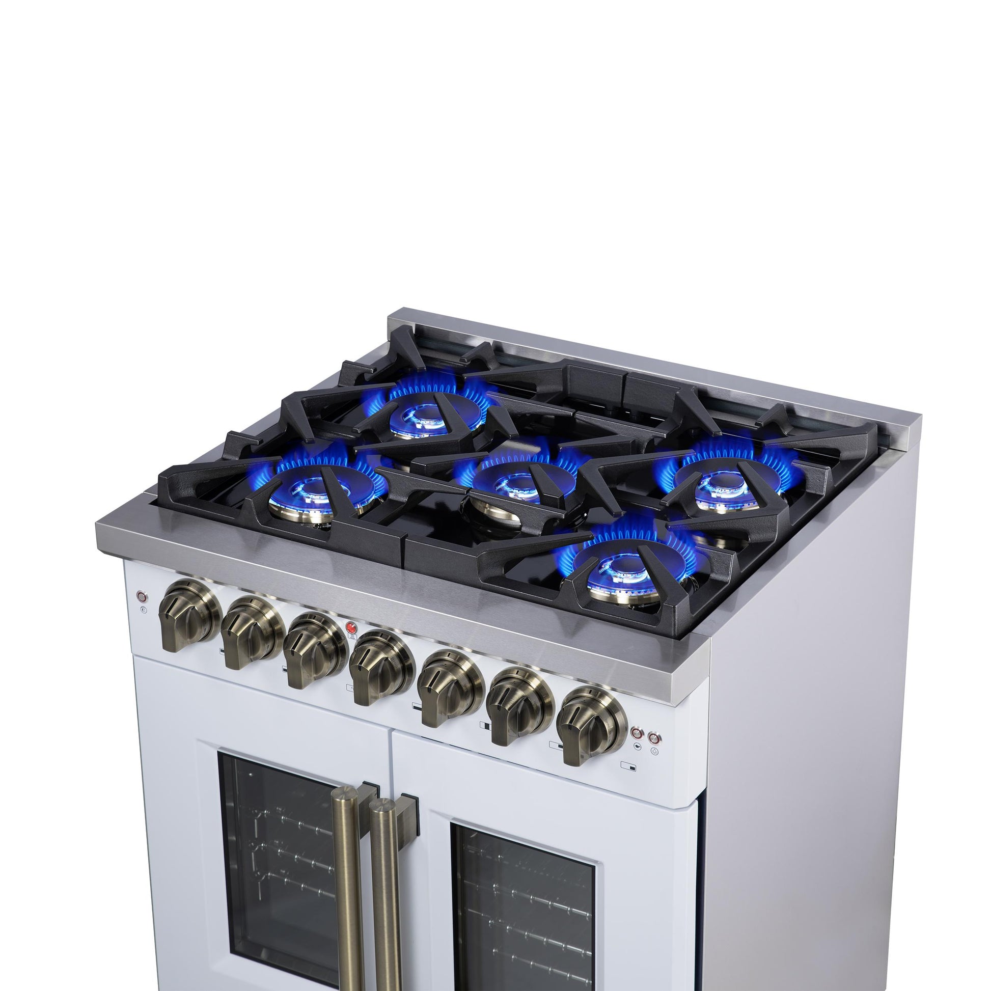 Forno FFSGS638730WHT Forno Capriasca 30-Inch Freestanding French Door Dual Fuel Range In White With Antique Brass Accessories, 5 Burners, True Convection Oven