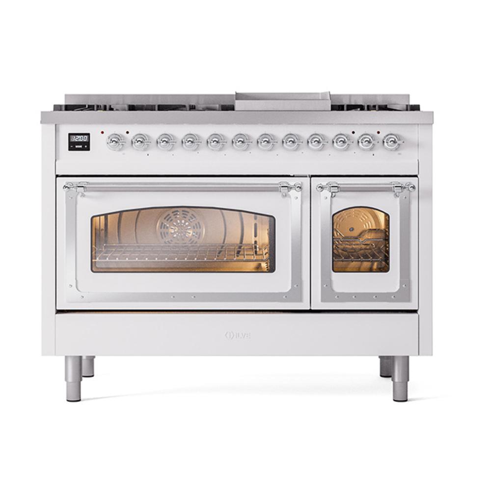 Ilve UN48FNMPWHC Ilve Un48Fnmpwhc Nostalgie Ii Noblesse 48" Dual Fuel Range (8 Sealed Burners + Griddle, Natural Gas, Triple Glass Door, White, Chrome)
