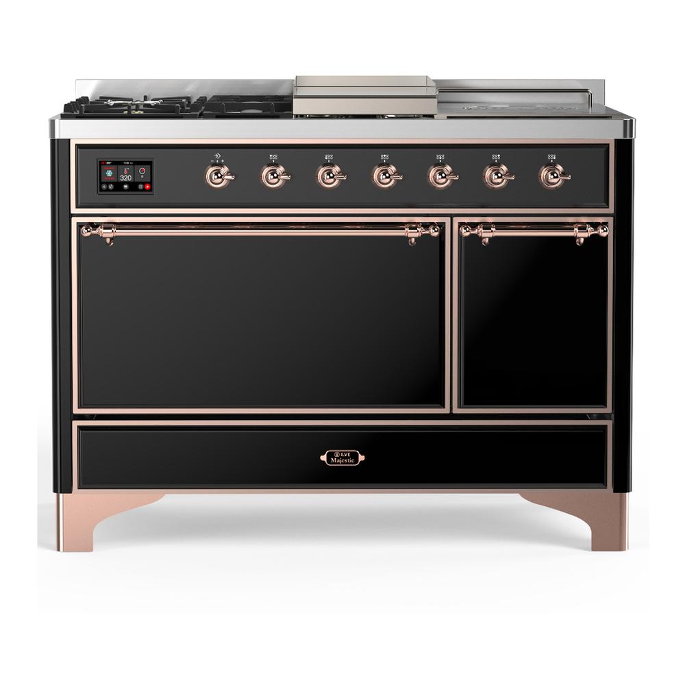 Ilve UM48FSQNR3BKPLP Ilve Um48Fsqnr3Bkplp Majestic Iii 48 Inch Dual Fuel Range With 5 Black Brass Burners, Griddle And French Top, Dual Function Burner Up To 25,000 Btu (Liquid Propane, Solid Door, Glossy Black, Copper)
