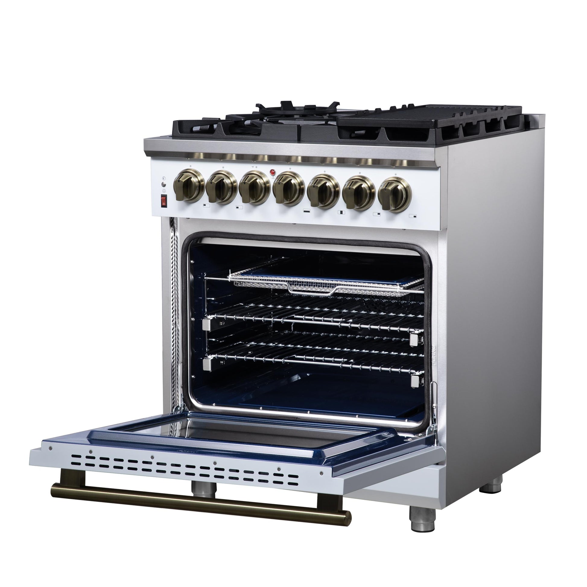 Forno FFSGS612530WHT Forno Massimo 30-Inch Freestanding Dual Fuel Range In White With Antique Brass Accessories, 4 Burners, 4.32 Cu. Ft. Convection Oven