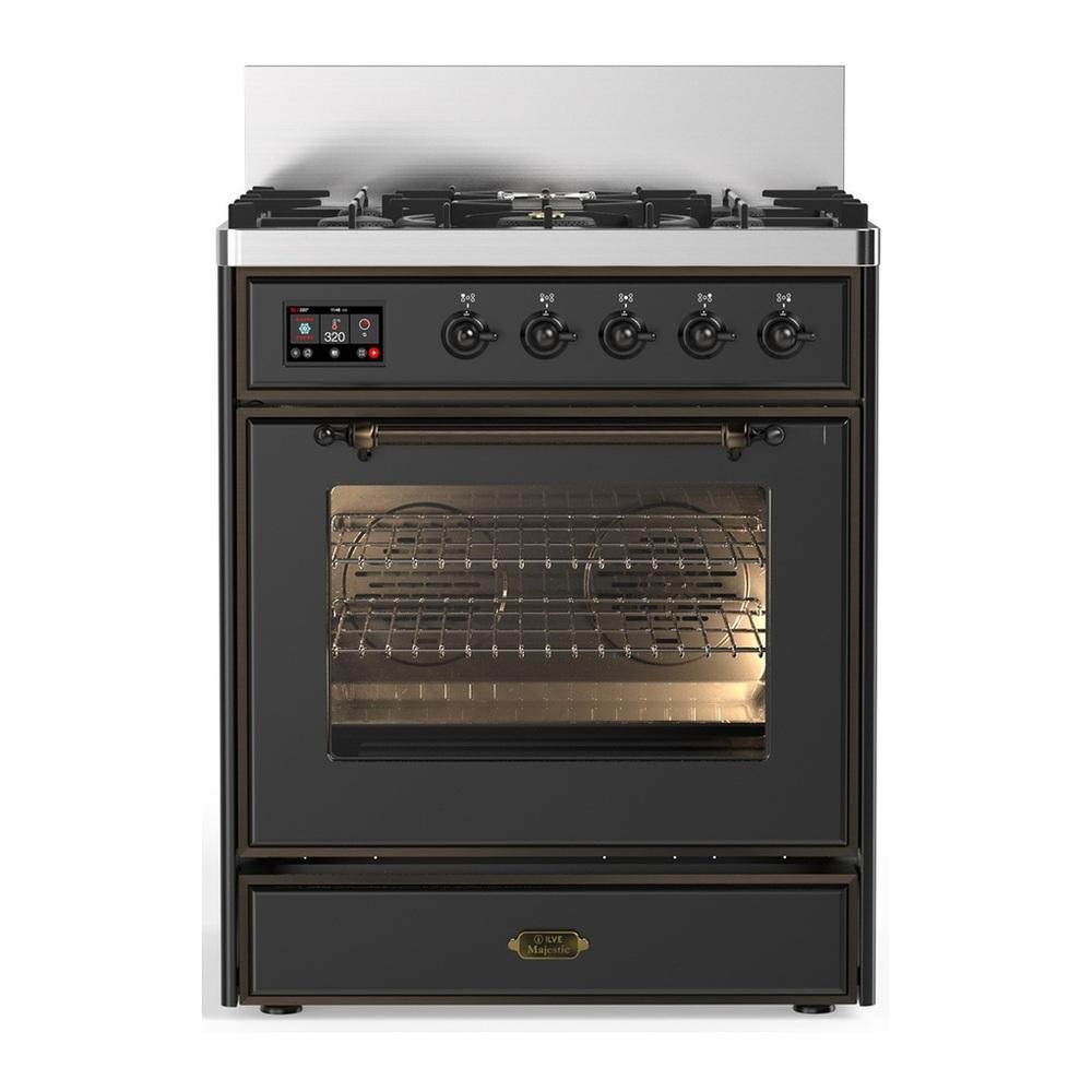 Ilve UM30NR3MGBLP Ilve Um30Nr3Mgblp Majestic Iii 30 Inch Dual Fuel Range With 5 Black Brass Burners, Dual Function Burner Up To 25,000 Btu (Liquid Propane, Triple Glass Door, Graphite Matte, Burnished)
