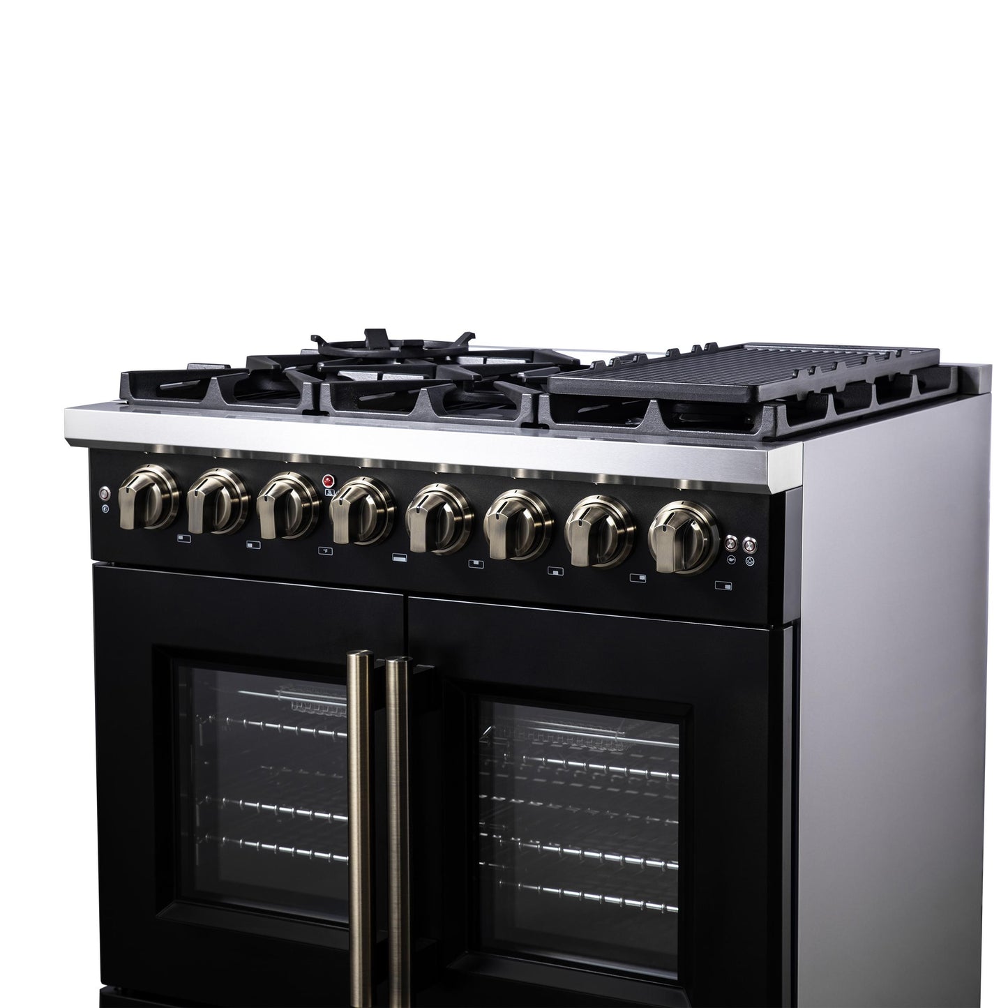 Forno FFSGS638736BLK Forno Capriasca 36 Inch Freestanding French Door Dual Fuel Range In Black With Antique Brass Accessories, 6 Burners, True Convection Oven