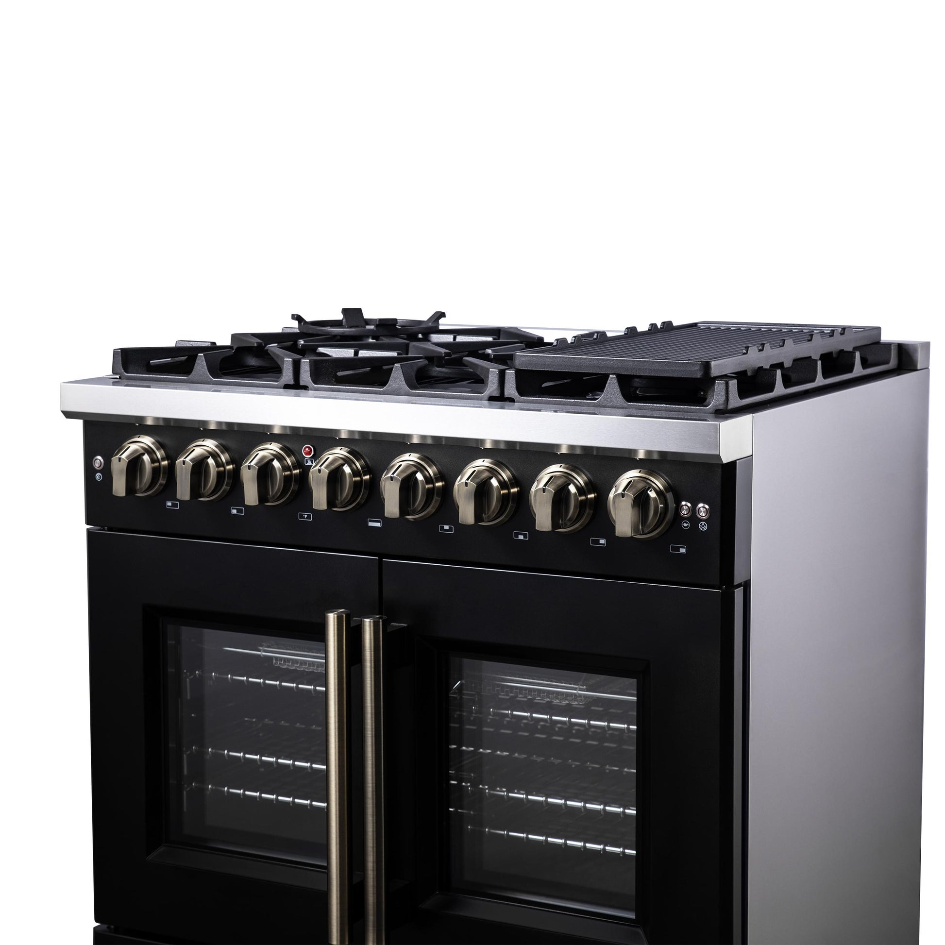 Forno FFSGS638736BLK Forno Capriasca 36 Inch Freestanding French Door Dual Fuel Range In Black With Antique Brass Accessories, 6 Burners, True Convection Oven