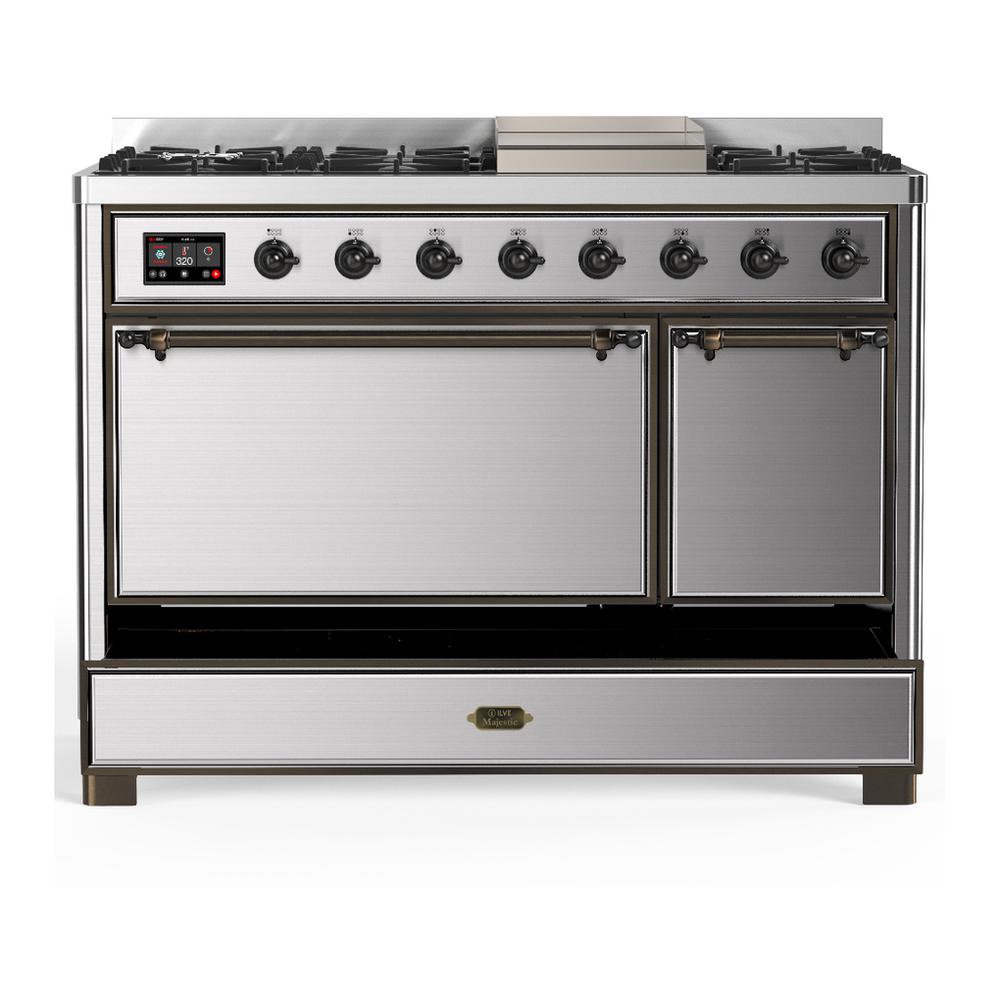 Ilve UM48FQNR3SSBLP Ilve Um48Fqnr3Ssblp Majestic Iii 48 Inch Dual Fuel Range With 8 Burners And Griddle, Dual Function Burner Up To 25,000 Btu (Liquid Propane, Solid Door, Stainless Steel, Burnished)