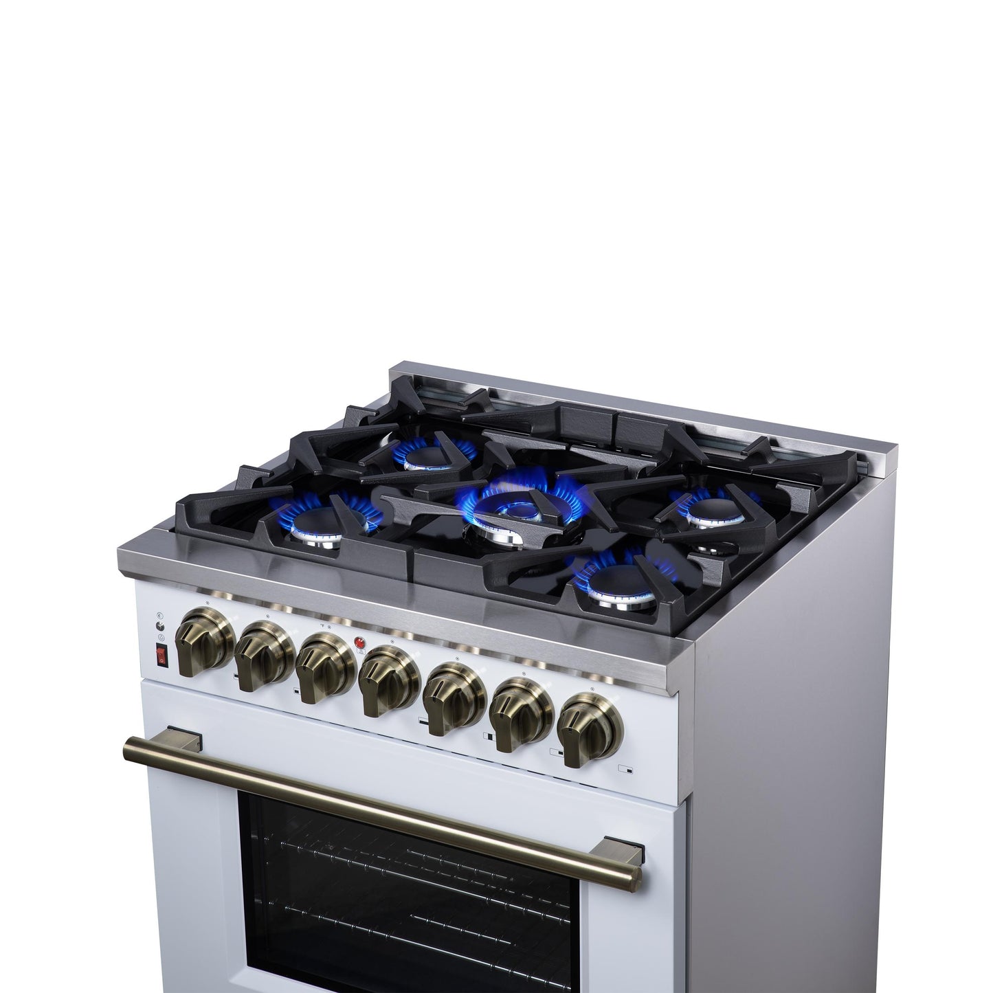 Forno FFSGS612530WHT Forno Massimo 30-Inch Freestanding Dual Fuel Range In White With Antique Brass Accessories, 4 Burners, 4.32 Cu. Ft. Convection Oven