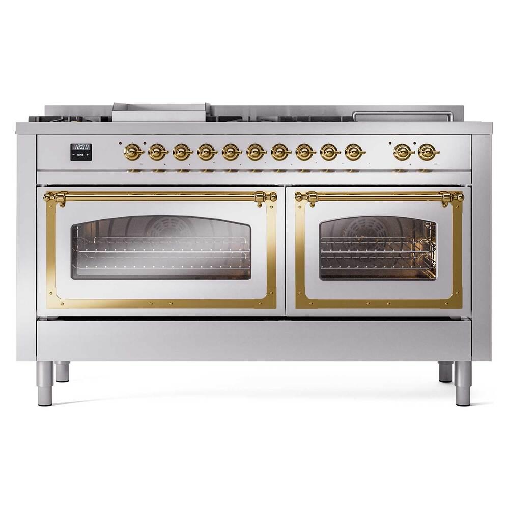 Ilve UN60FSNMPSSGLP Ilve Un60Fsnmpssglp Nostalgie Ii Noblesse 60" Dual Fuel Range (7 Sealed Burners + Griddle + French Top, Liquid Propane, Triple Glass Door, Stainless Steel, Brass)