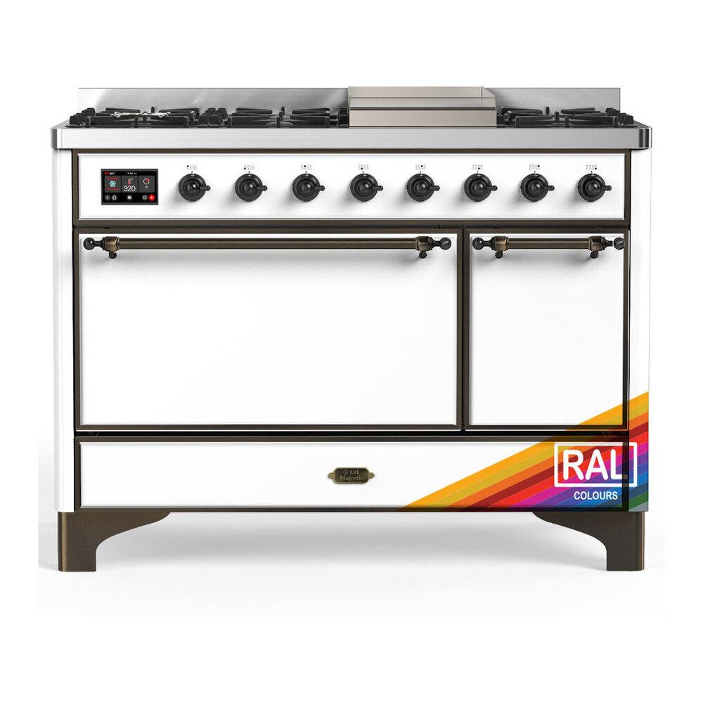 Ilve UM48FQNR3RAB Ilve Um48Fqnr3Rab Majestic Iii 48 Inch Dual Fuel Range With 8 Burners And Griddle, Dual Function Burner Up To 25,000 Btu (Natural Gas, Solid Door, Ral, Burnished)