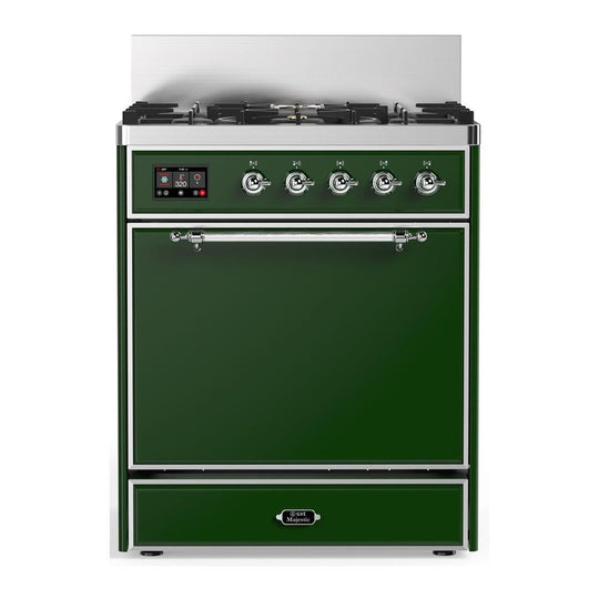 Ilve UM30QNR3EGC Ilve Um30Qnr3Egc Majestic Iii 30 Inch Dual Fuel Range With 5 Black Brass Burners, Dual Function Burner Up To 25,000 Btu (Natural Gas, Solid Door, Emerald Green, Chrome)