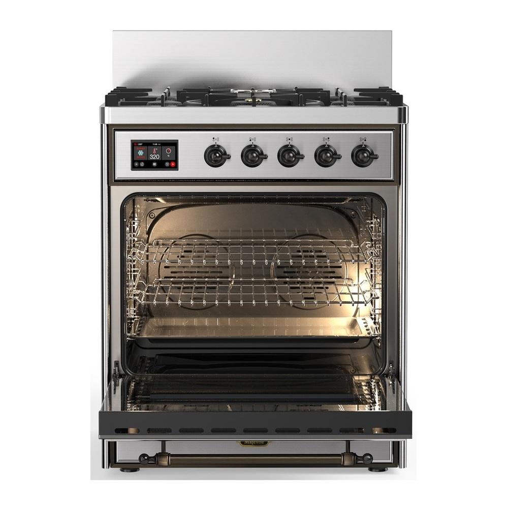 Ilve UM30QNR3SSB Ilve Um30Qnr3Ssb Majestic Iii 30 Inch Dual Fuel Range With 5 Black Brass Burners, Dual Function Burner Up To 25,000 Btu (Natural Gas, Solid Door, Stainless Steel, Burnished)