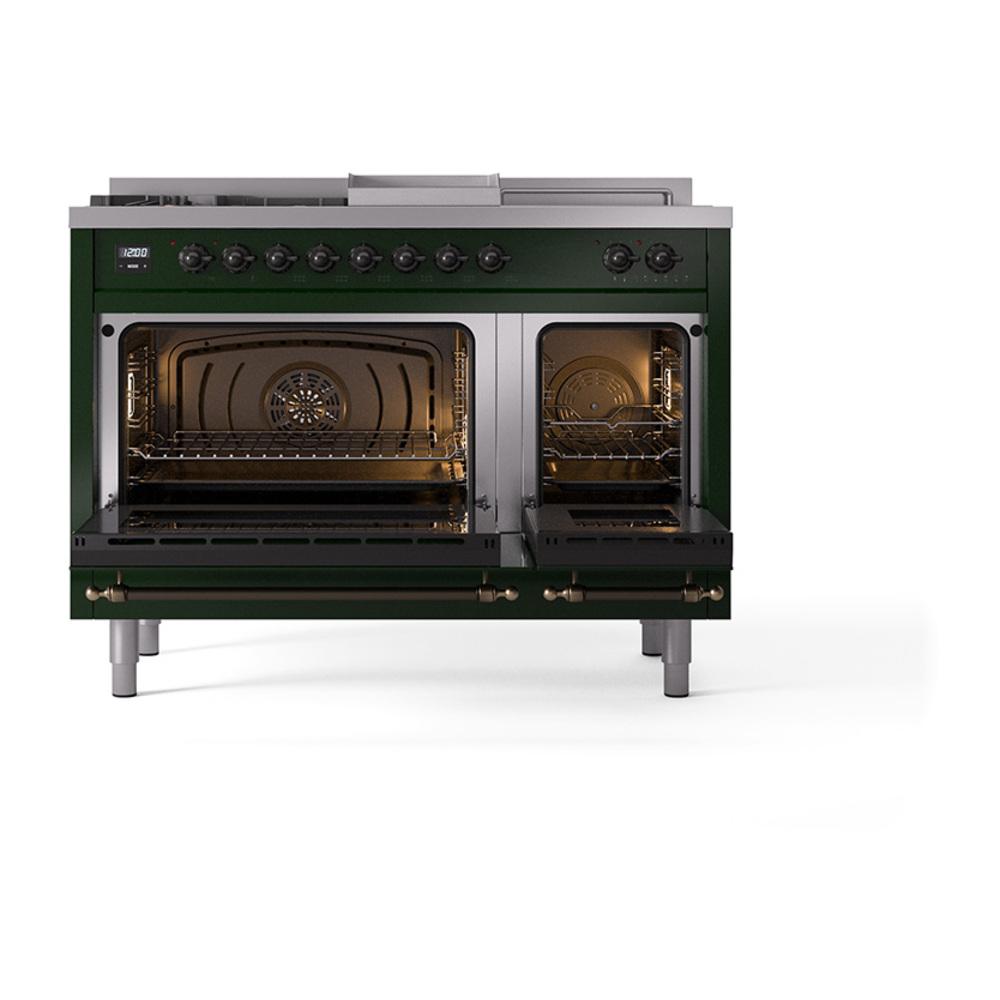 Ilve UN48FSQNMPEGB Ilve Un48Fsqnmpegb Nostalgie Ii Noblesse 48" Dual Fuel Range (5 Sealed Burners + Griddle + French Top, Natural Gas, Solid Door, Emerald Green, Burnished)