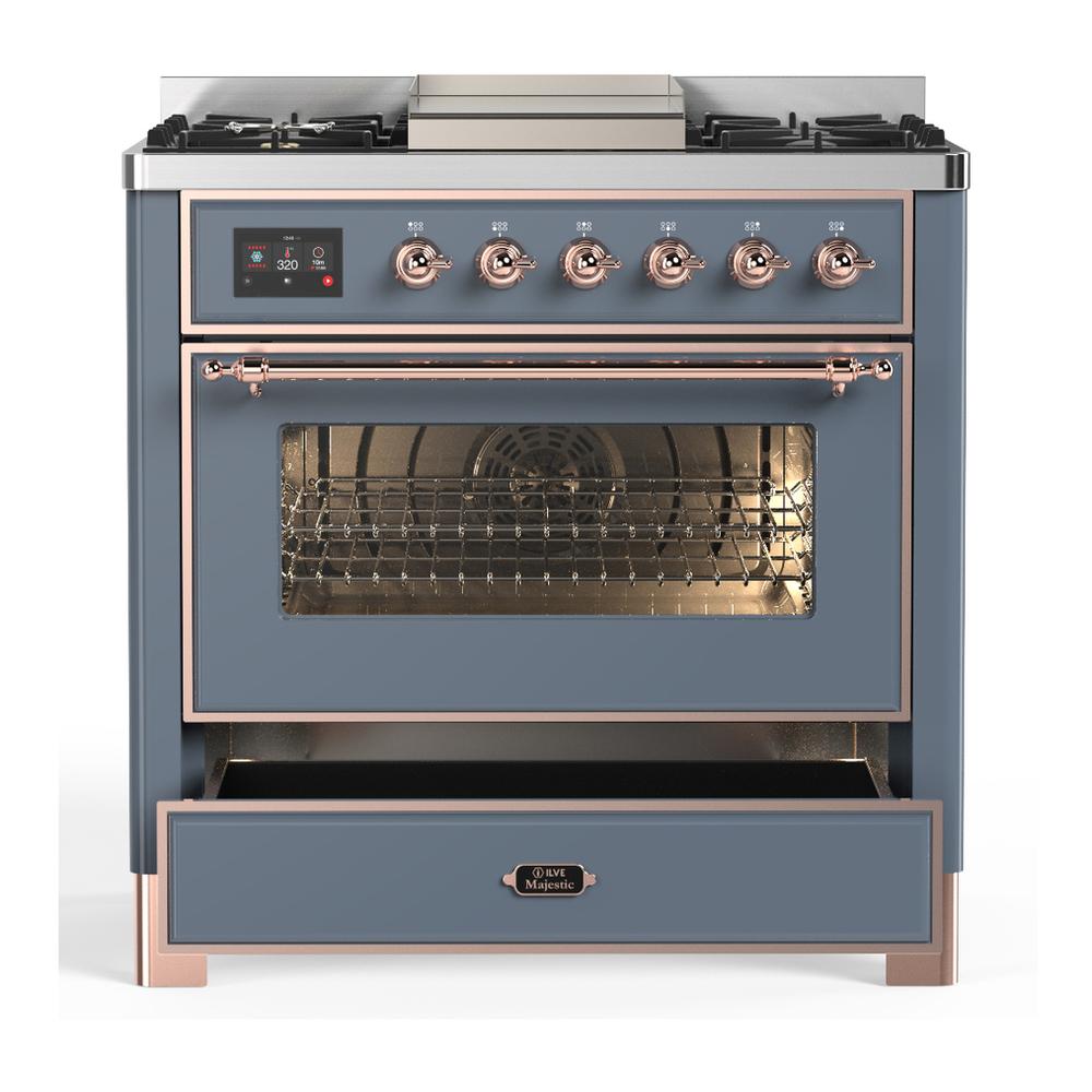 Ilve UM36FNR3BGPLP Ilve Um36Fnr3Bgplp Majestic Iii 36 Inch Dual Fuel Range With 6 Black Brass Burners And Griddle, Dual Function Burner Up To 25,000 Btu (Triple Glass Door, Blue Grey, Copper, Liquid Propane)