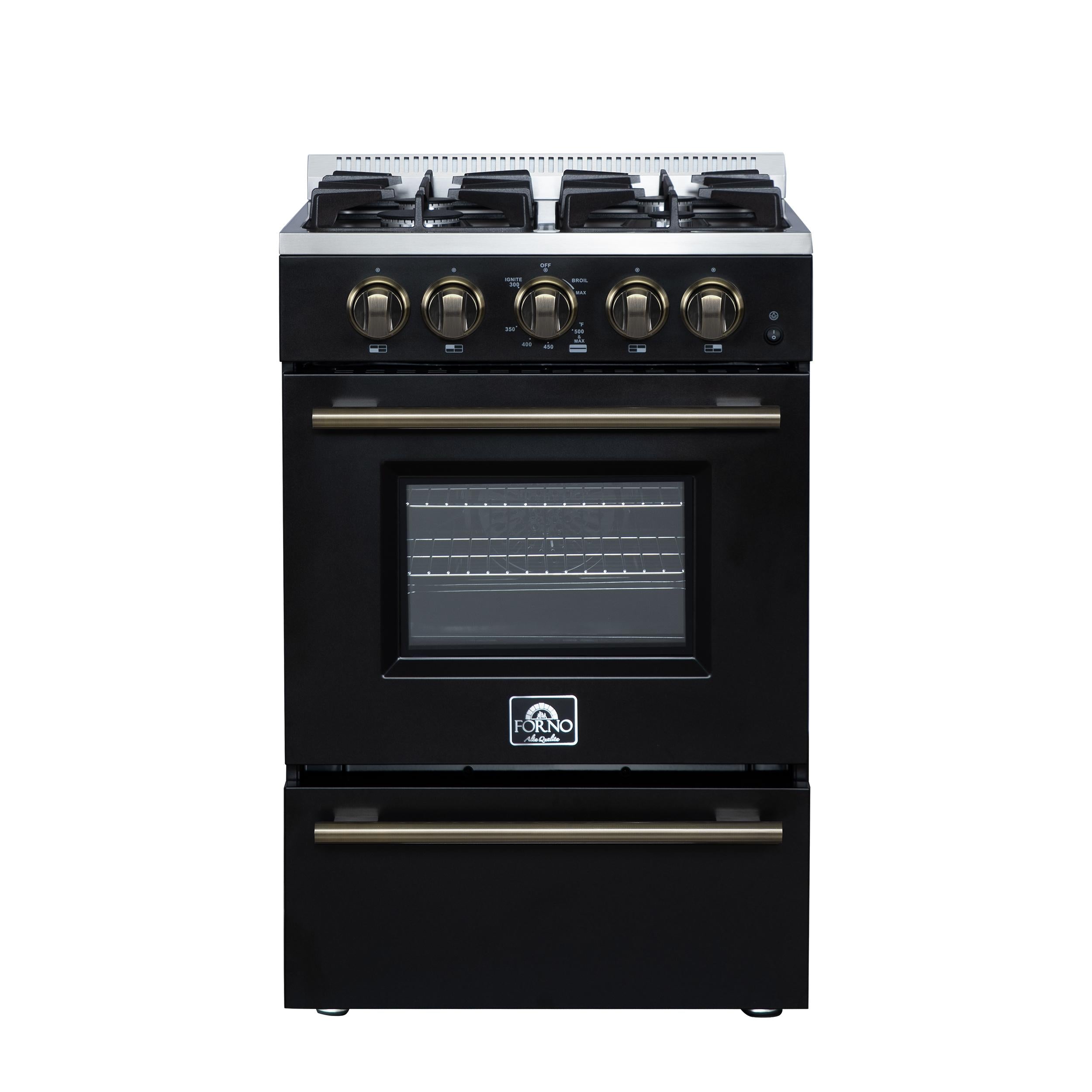 Forno FFSGS627224BLK Forno Breno 24 Inch Freestanding Gas Range In Black With Antique Brass, Compact Design