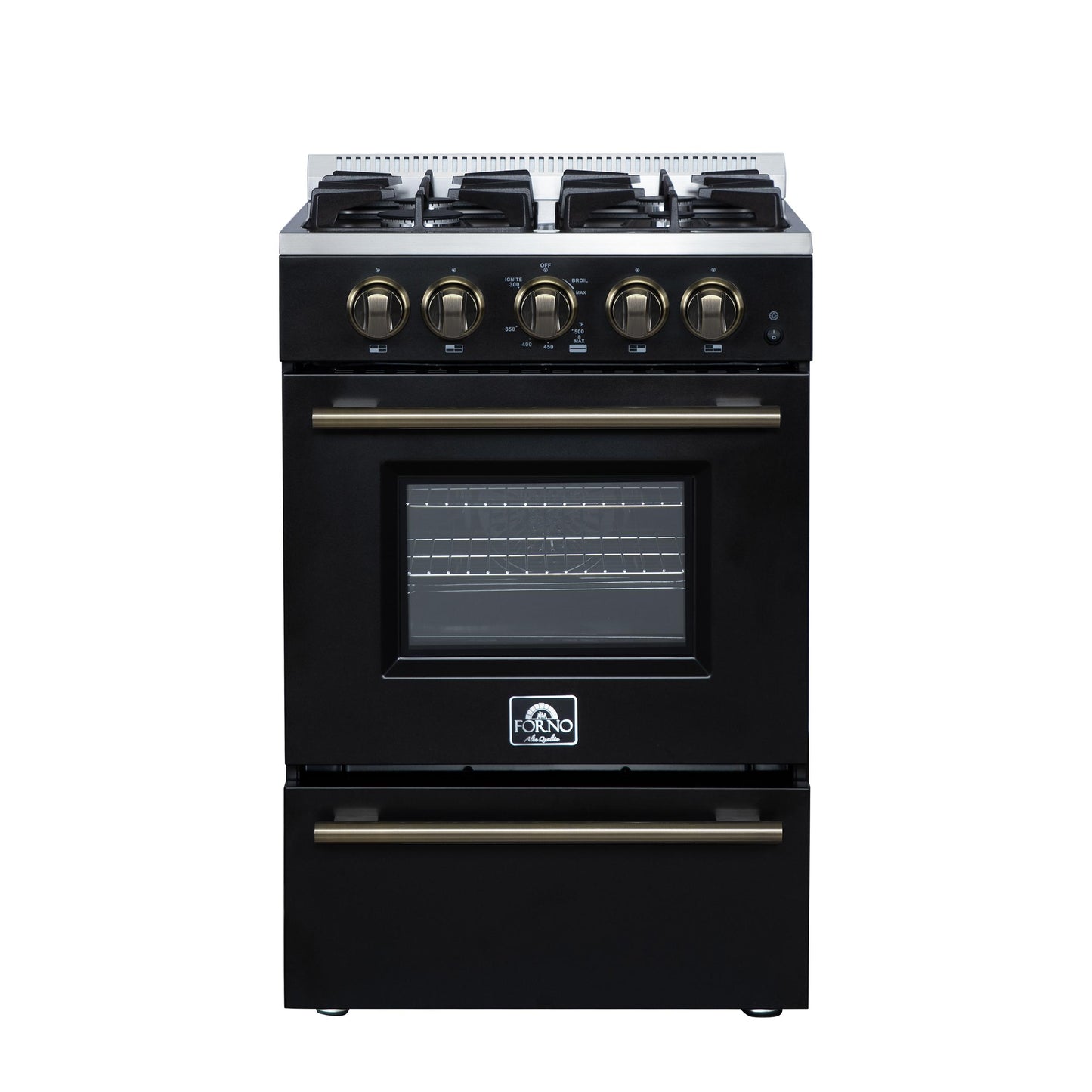 Forno FFSGS627224BLK Forno Breno 24 Inch Freestanding Gas Range In Black With Antique Brass, Compact Design