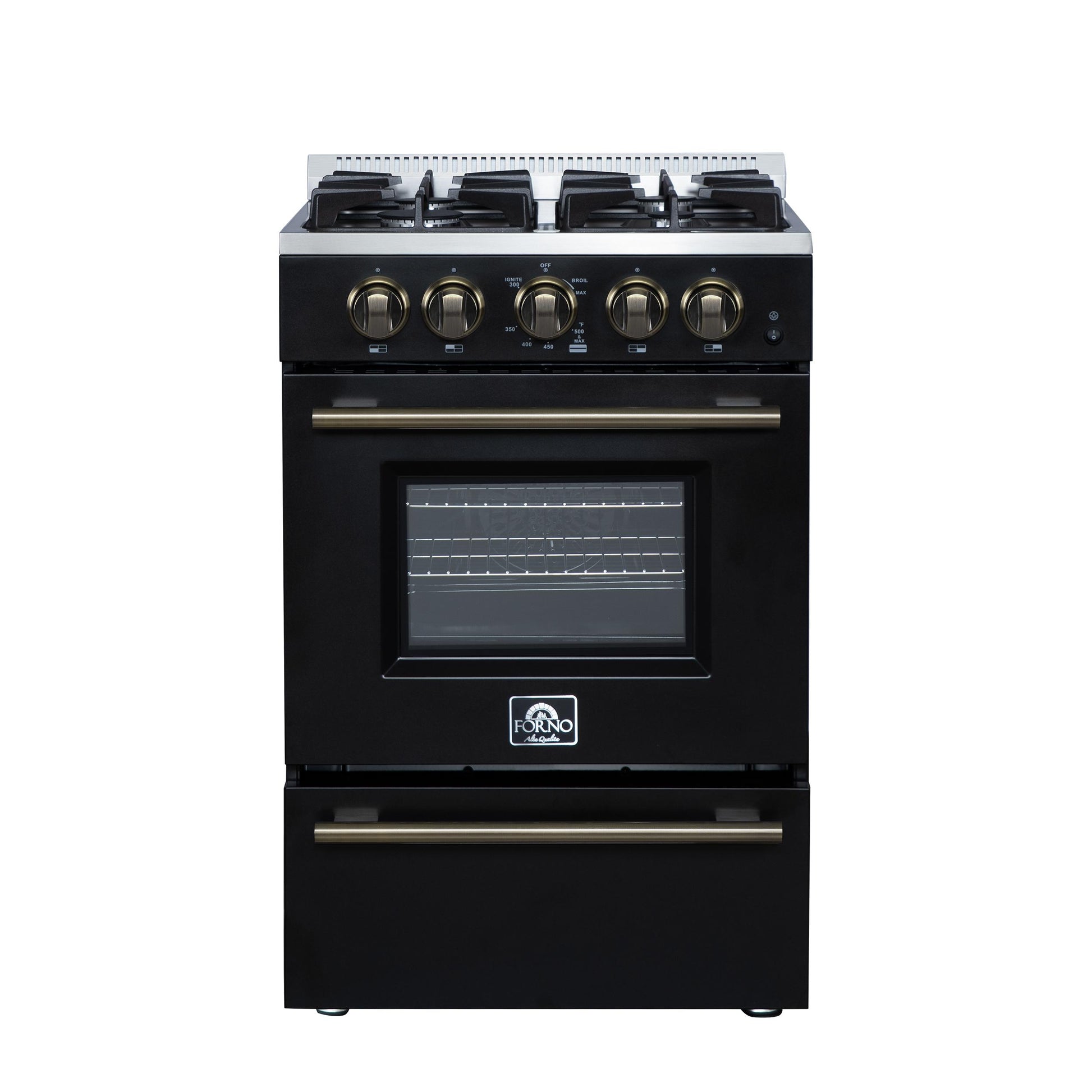 Forno FFSGS627224BLK Forno Breno 24 Inch Freestanding Gas Range In Black With Antique Brass, Compact Design