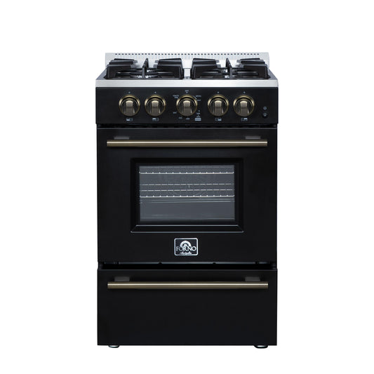 Forno FFSGS627224BLK Forno Breno 24 Inch Freestanding Gas Range In Black With Antique Brass, Compact Design