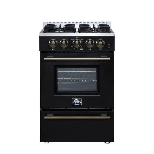 Forno FFSGS627224BLK Forno Breno 24 Inch Freestanding Gas Range In Black With Antique Brass, Compact Design