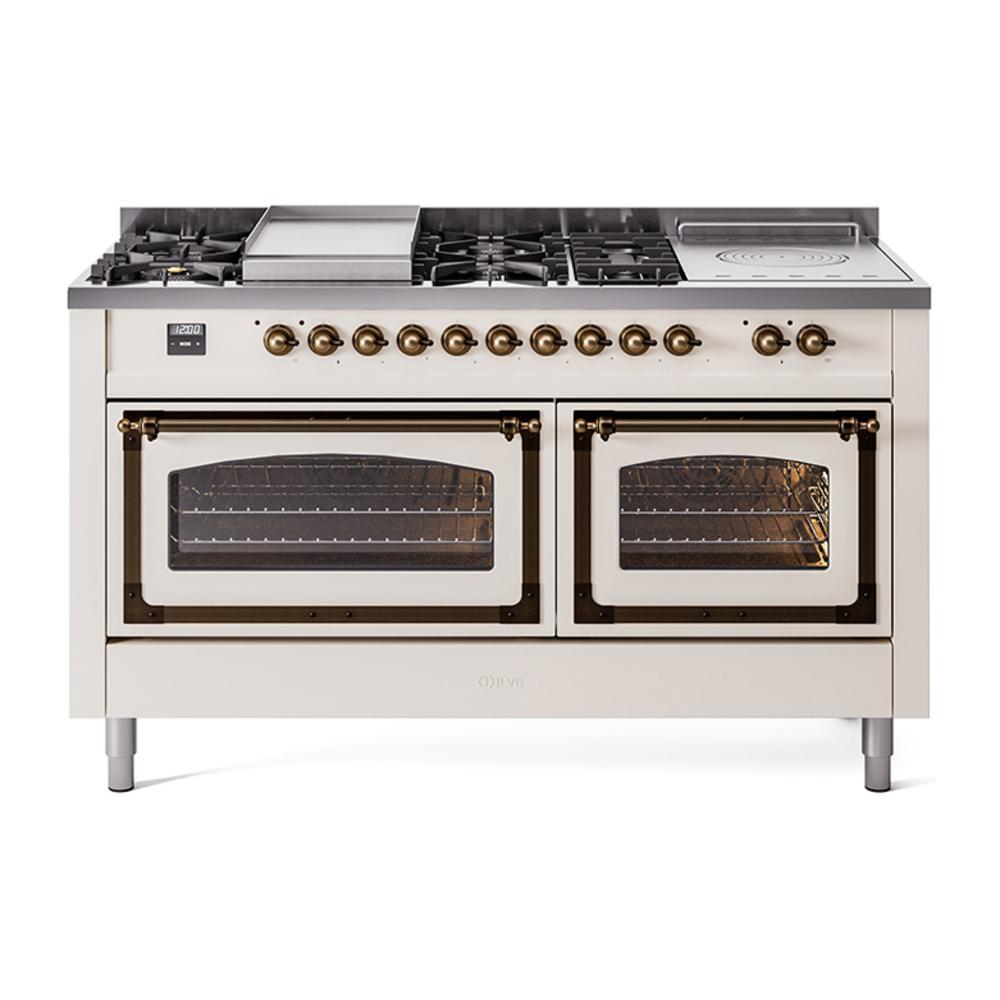 Ilve UN60FSNMPAWB Ilve Un60Fsnmpawb Nostalgie Ii Noblesse 60" Dual Fuel Range (7 Sealed Burners + Griddle + French Top, Natural Gas, Triple Glass Door, Antique White, Burnished)