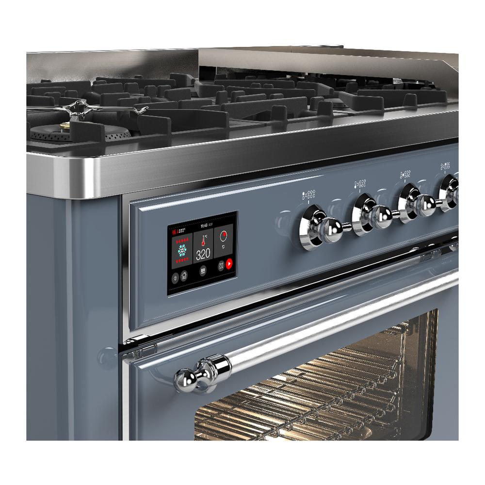 Ilve UM60FNR3BGC Ilve Um60Fnr3Bgc Majestic Iii 60 Inch Dual Fuel Range With 9 Burners And Griddle, Dual Function Burner Up To 25,000 Btu (Natural Gas, Triple Glass Door, Blue Grey, Chrome)