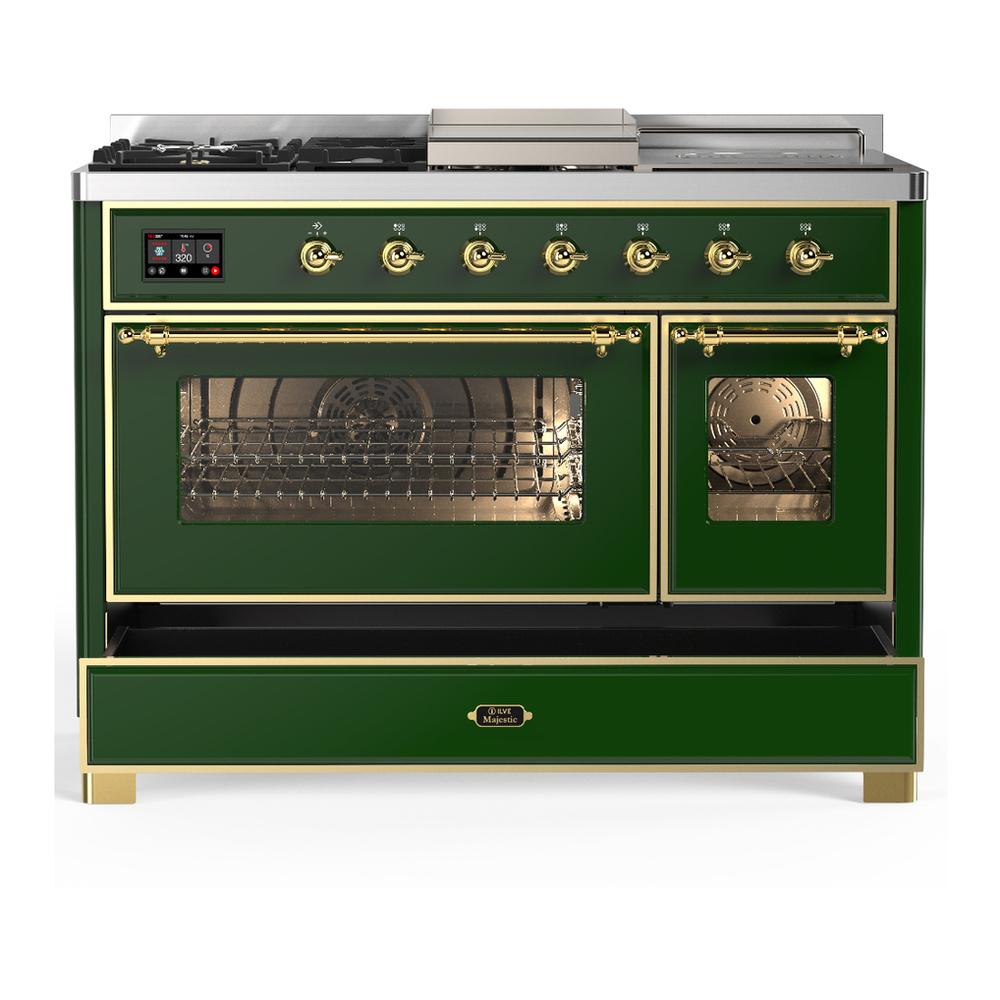 Ilve UM48FSNR3EGG Ilve Um48Fsnr3Egg Majestic Iii 48 Inch Dual Fuel Range With 5 Black Brass Burners, Griddle And French Top, Dual Function Burner Up To 25,000 Btu (Natural Gas, Triple Glass Door, Emerald Green, Brass)