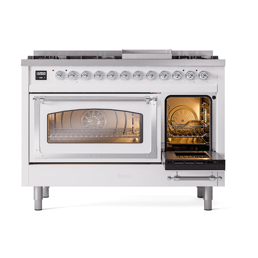 Ilve UN48FNMPWHC Ilve Un48Fnmpwhc Nostalgie Ii Noblesse 48" Dual Fuel Range (8 Sealed Burners + Griddle, Natural Gas, Triple Glass Door, White, Chrome)