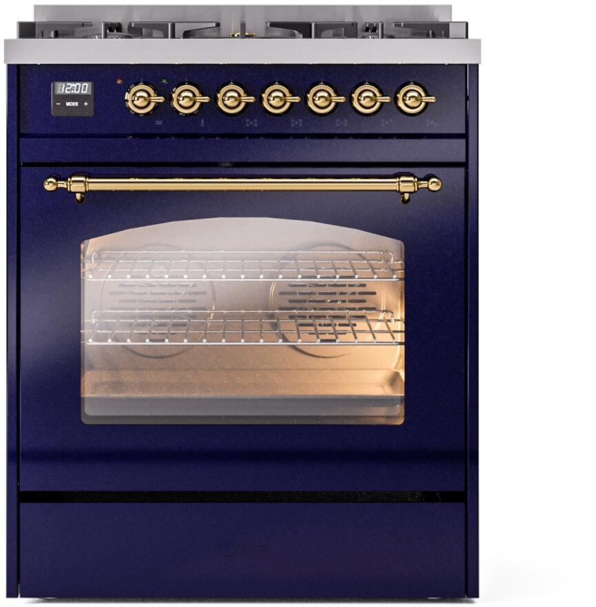 Ilve UP30NMPMBG Nostalgie Ii 30 Inch Dual Fuel Natural Gas Freestanding Range In Blue With Brass Trim