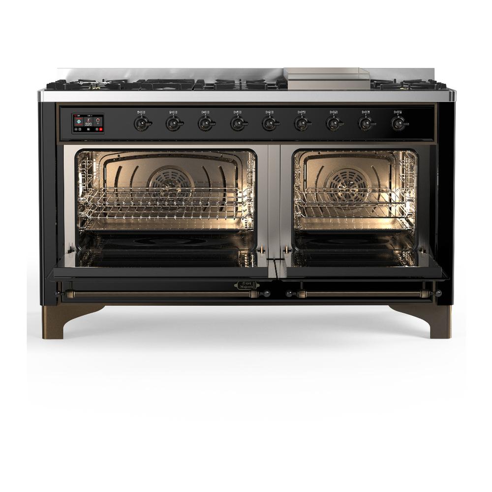 Ilve UM60FQNR3BKB Ilve Um60Fqnr3Bkb Majestic Iii 60 Inch Dual Fuel Range With 9 Burners And Griddle, Dual Function Burner Up To 25,000 Btu (Natural Gas, Solid Door, Glossy Black, Burnished)