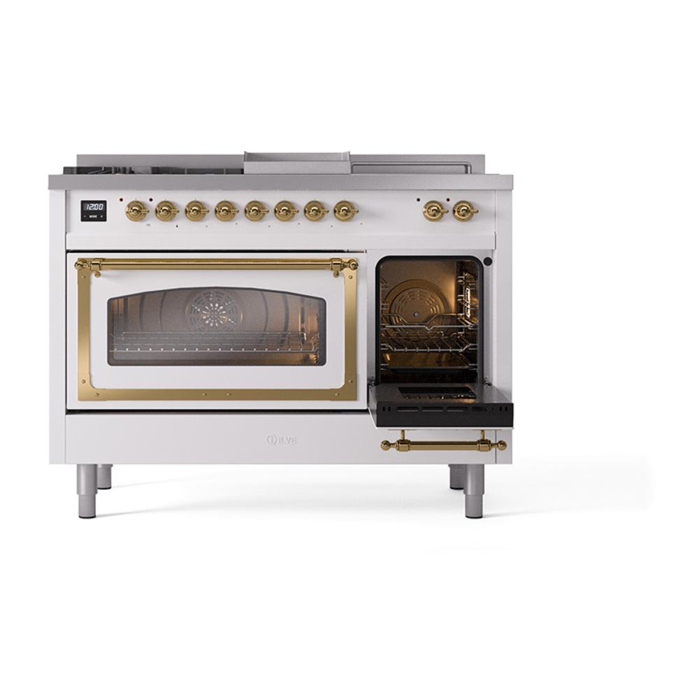Ilve UN48FSNMPRAG Ilve Un48Fsnmprag Nostalgie Ii Noblesse 48" Dual Fuel Range (5 Sealed Burners + Griddle + French Top, Natural Gas, Triple Glass Door, Ral, Brass)