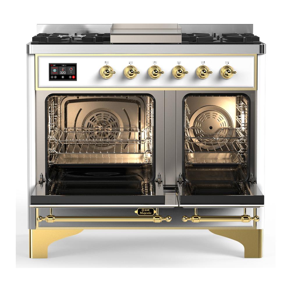 Ilve UMD40FQNR3WHGLP Ilve Umd40Fqnr3Whglp Majestic Iii 40 Inch Dual Fuel Range With 6 Burners And Griddle, Dual Function Burner Up To 25,000 Btu (Liquid Propane, Solid Door, White, Brass)