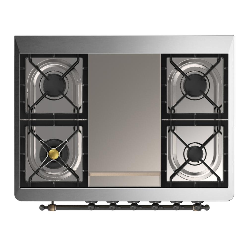 Ilve UM36FNR3BGB Ilve Um36Fnr3Bgb Majestic Iii 36 Inch Dual Fuel Range With 6 Black Brass Burners And Griddle, Dual Function Burner Up To 25,000 Btu (Triple Glass Door, Blue Grey, Burnished, Natural Gas)