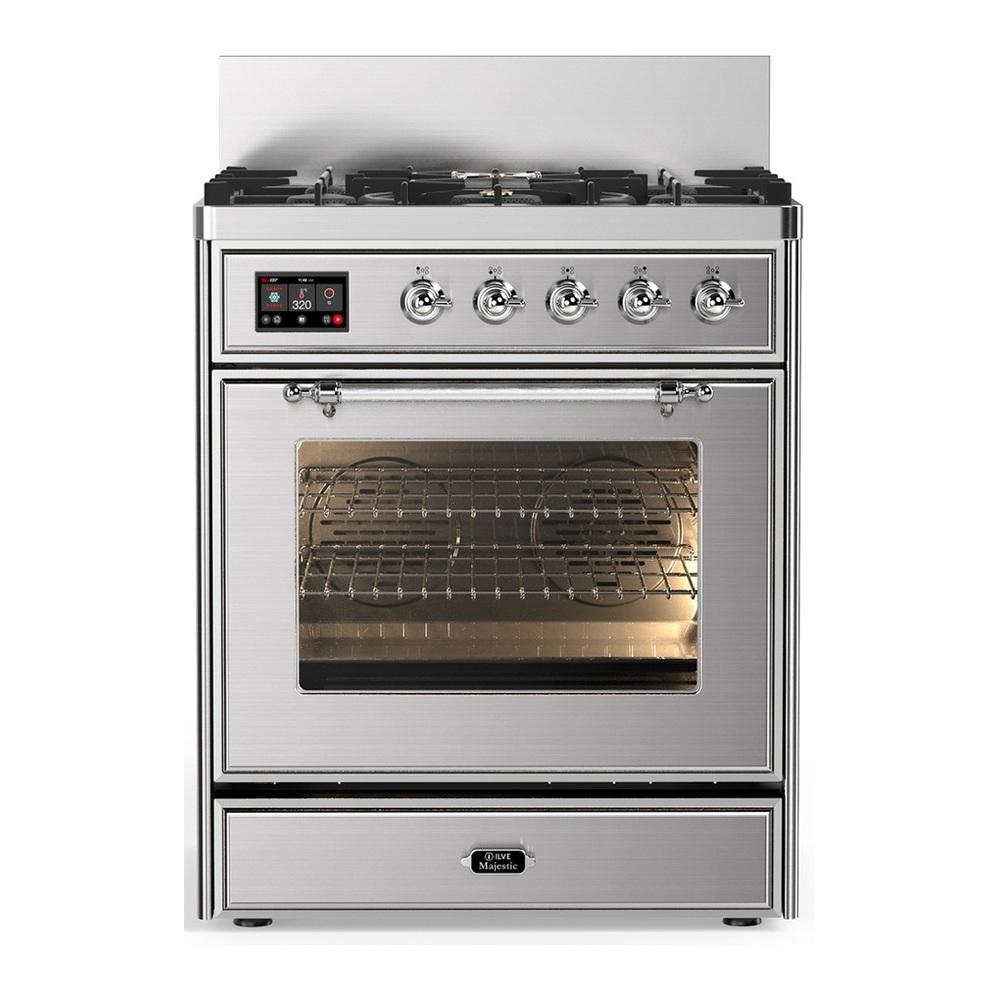 Ilve UM30NR3SSC Ilve Um30Nr3Ssc Majestic Iii 30 Inch Dual Fuel Range With 5 Black Brass Burners, Dual Function Burner Up To 25,000 Btu (Natural Gas, Triple Glass Door, Stainless Steel, Chrome)